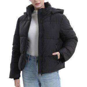 Women's Black Cropped Puffer Jackets,warm Winter Jacket With Removable Hood